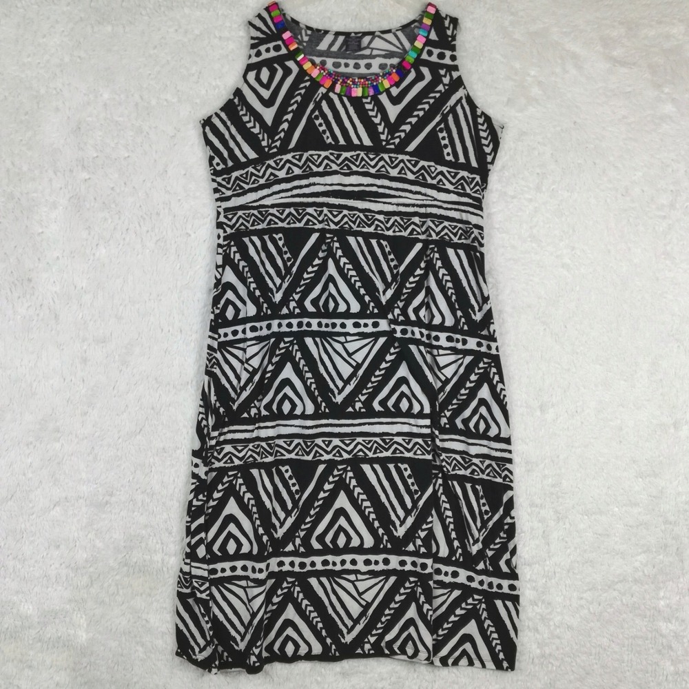 Faded Glory Womens Dress Maxi Tribal Beaded Geometric Black White Plus 4X